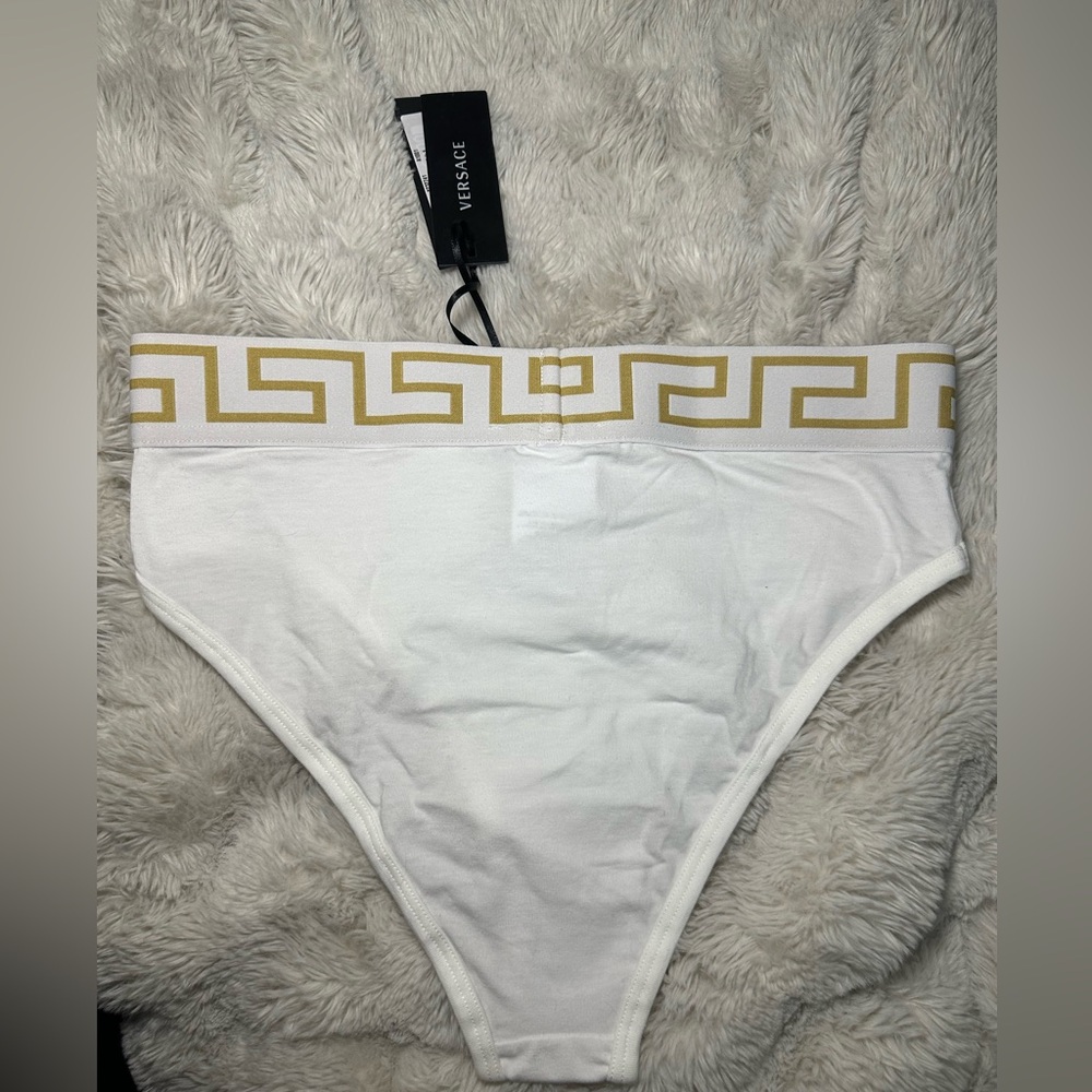 Versace White Cotton High-Leg Brief with Gold Greca Waistband - Picture 7 of 8